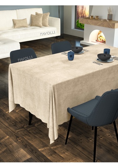 Kadife Dokulu Bej Renk Masa Örtüsü Bej