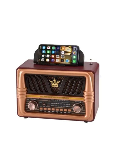 Ns-8077 Büyük Boy Telefon Tutma Aparatlı Retro Ahşap Tasarım Bluetooth Hoparlörlü Radyo Fm/am-439