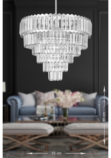 Lora 55 Cm'lik Kristal Cam Taşlı Lüks Avize - Gümüş Yaldız Gümüş Yaldız