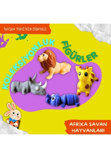 Tavşan Yumi Afrika Savan Hayvanları Koleksiyonu - 4 Parça 5-7 Cm Hareketli Oyuncaklar Ve Bilgilendirici Kartlat "