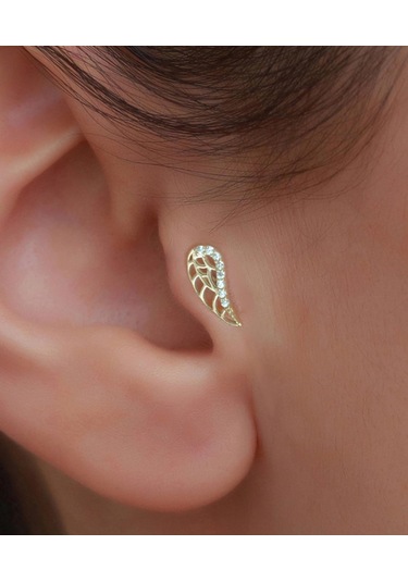 14 Ayar Altın Taşlı Melek Kanadı Tragus Piercing Sarı Altın