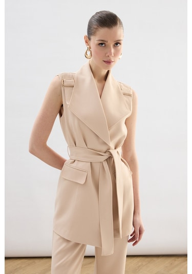 Sateen Omuz Aksesuarlı Kuşaklı Yelek - Bej-136854 Bej