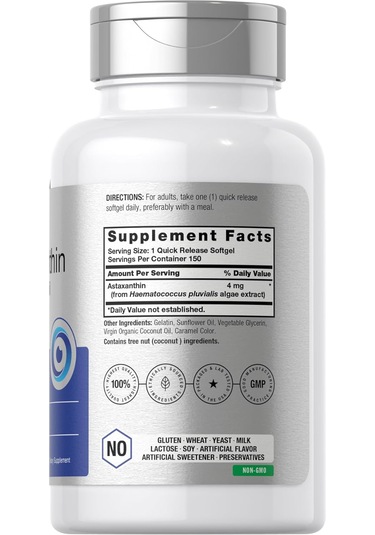 Horbäach Astaxanthin With Coconut Oil Skin Eyes Heart Support 4mg 150 Softgels Aromasız