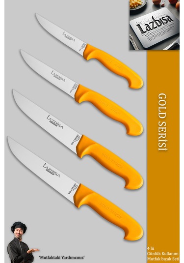 Lazbisa Mtf-007 Gold Serisi Mutfak Bıçak Seti Et Ekmek Sebze Bıçağı 4 Lü Set Günlük Kullanım Sarı