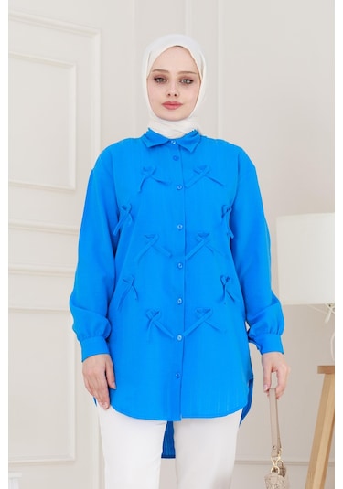 Sevitli Önü Fiyonk Detaylı Keten Tunik-mavi-5109 Mavi