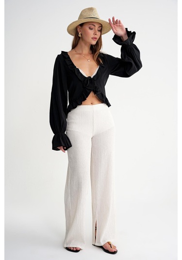 4712 Kadın Volanlı Modal Bolero Bluz Siyah Siyah