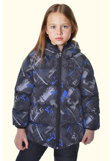Kız Çocuk Dijital Desen Polar Su Ve Rüzgar Geçirmez Kapüşonlu Şişme Kışlık Mont Siyah