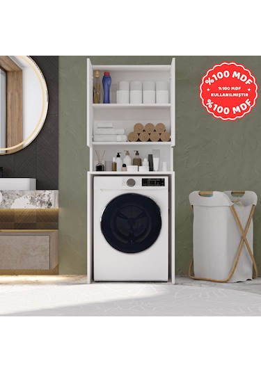 Çamaşır Makinesi Dolabı 3 Raflı Kapaklı Banyo Dolabı Beyaz %100 M Beyaz