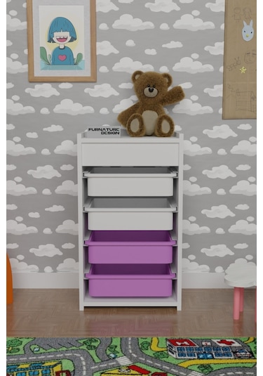 4 Sepetli Oyuncak Dolabı Çok Amaçlı Dolap Beyaz - Beyaz&Pembe Beyaz