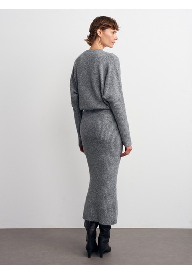 Dilvin 90260 Bisiklet Yaka Yumuşak Dokulu Triko Elbise-füme M. Füme M.