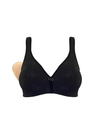 Pamuklu Dantelli Penye Siyah Renk Cepli Protez Sütyen Siyah