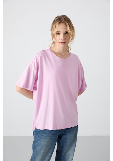 Tommy Life Pembe Penye Modal Yumuşak Tuşeli Oversize Fit Basic Kadın T-shirt- 97285 Pembe