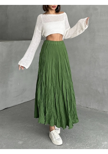 Kadın Buruşuk Modal Dokulu Soft Uzun Etek Yeşil