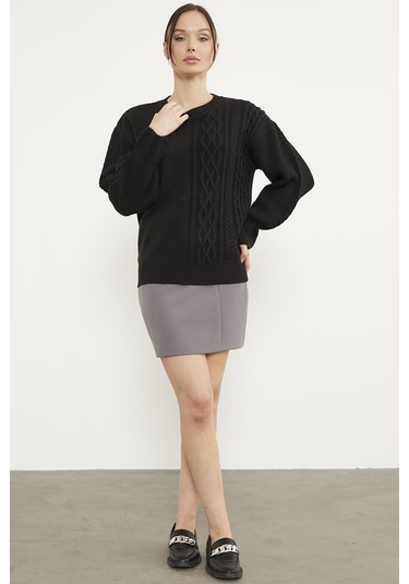 Prenses Kol Örgü Detaylı Triko Kazak - Siyah 001