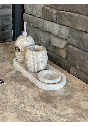 Silver Traverten Oval 4,lü Banyo Seti Yeni Beyaz