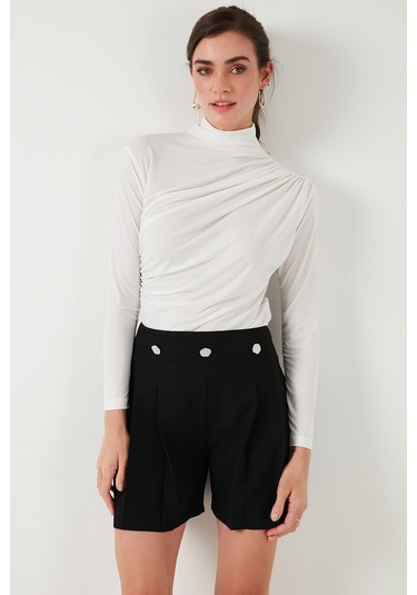 Lela Streç Büzgü Detaylı Slim Fit Dik Yaka Bayan Bluz 669925 Ekru