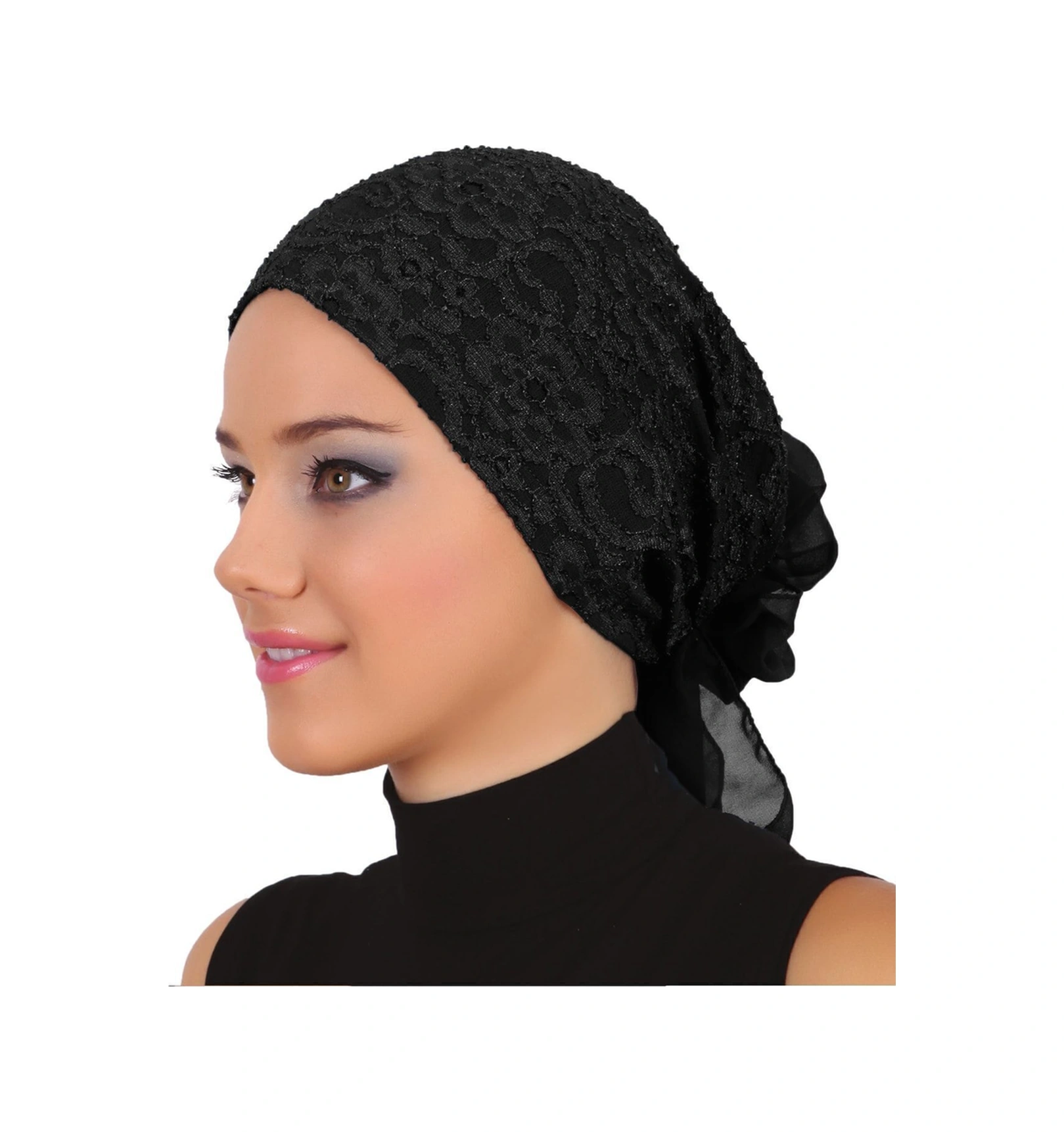 Dantel Tüllü Siyah Hazır Türban Tesettür Bone Siyah