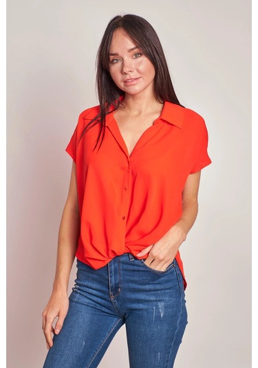 Likrasız Şık Kumaş Yakalı Düşük Omuzlu Önü Pileli Gömlek-oranj Oranj