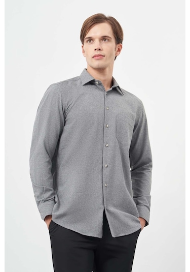 Füme Uzun Kol Düz Gabardin Sert Yaka Cepli Pamuklu Classic Comfort Fit Gömlek 1004245168 Füme