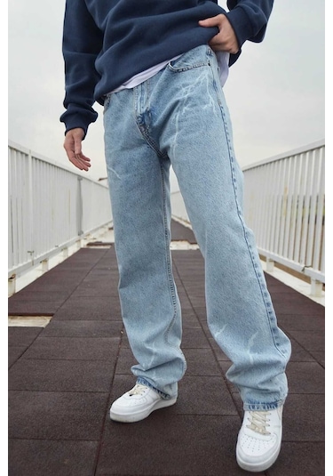Erkek Şimşek Desenli Baggy Pantolon Buz Mavi