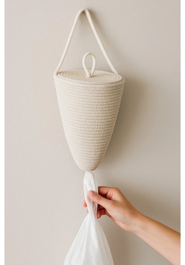 Poşetlik Halat İp El Dokuma Duvar Askılı Saklama Torbası Ev Düzenleme Aksesuarı Sepet 30 X 20 Cm Krem