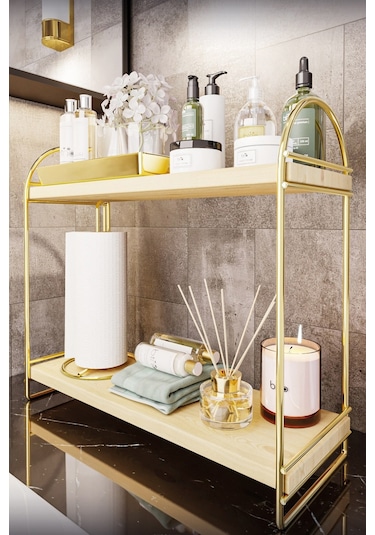 Bino Mutfak Rafı Masaüstü Düzenleyici Organizer Mutfak Banyo Dolabı 2 Katlı Raf Oval Raf Kitaplık Altın