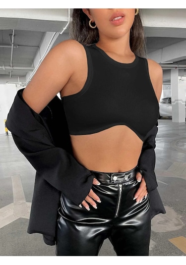 Liona Kadın Siyah Bisiklet Yaka Asimetrik Crop Top Büstiyer 001