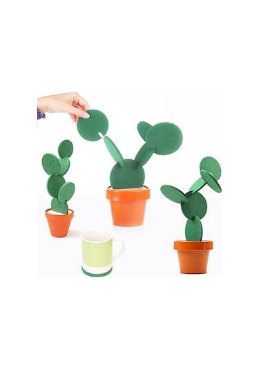 Bardak Altlıkları Kendin Yap Kaktüs Bardak Altlığı, Çiçek Saksısı Tutuculu 6 Parça Set Çok Renkli