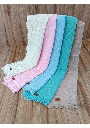 4 Kat Müslin Mint Yeşil Saçaklı Bebek Battaniyesi 100x120 Cm- %100 Pamuklu & Çok Amaçlı Battaniye Mavi