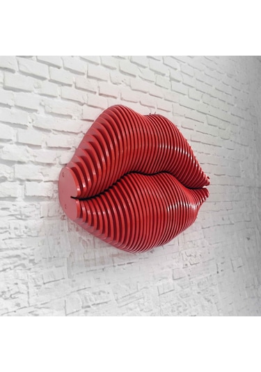 Cajuart 3 Boyutlu Parametrik Ahşap Kırmızı Dudak Modern Duvar Dekoru Tablo