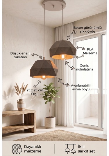 İskandinav Tarz Loft İkili Avize - Gri Beton Görünümlü Mutfak Masa Üstü Aydınlatma 2'li Set