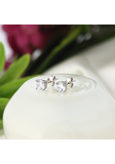 925 ayar Gümüş Pırlanta Montürlü Tektaş Küpe-4mm