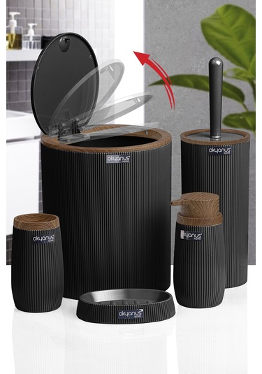 Okyanus Home Siyah Ahşap Çizgili Yuvarlak 5'Li Banyo Seti