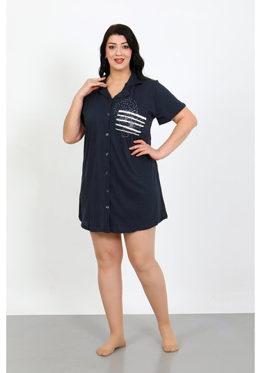Akbeniz Büyük Beden Penye Düğmeli Lacivert Tunik Gecelik 1025 Lacivert