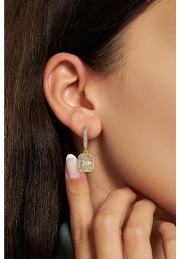 Zirkon Taşlı Gold Üç Sıra Sallantılı Baget Gümüş Küpe