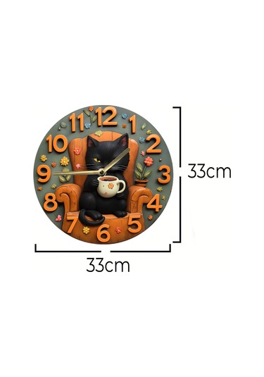 Siyah Kedi Temalı Mdf Duvar Saati 3d Görünümlü, 2d Hd Baskı, Sessiz Mekanizma Sdw237 Renkli