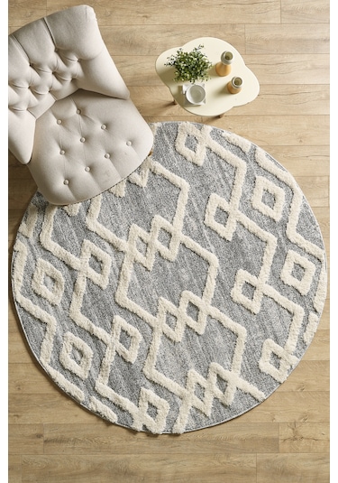 Modern Tasarım Boho Gri Halı Jüt Tabanlı Salon Oturma Odası Halısı Yumuşak Bukleli Yuvarlak Gri