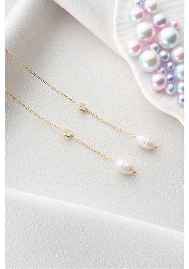 Nereze 925 Ayar Gümüş Gold Tektaş Detaylı İncili Zincir Küpe