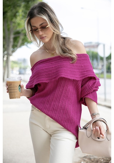 Lela Oversize Fit Madonna Yaka Triko Bayan Kazak 4615216 Fuşya