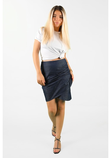 Kadın Büzgü Detaylı İnce Kot Etek Mavi