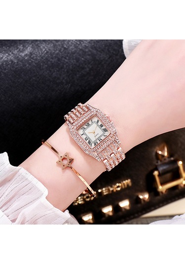 Vkemall Kadınlar İçin Roman Desenli Tam Taşlı Kare Kadran Kvartz Kol Saati - Xr4565 Modeli Gümüş Renkli Zeytinyağlı Kordonlu Elegan Saat Silver