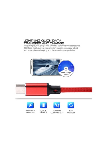 1m 2a Çıkış Usb To Usb-c / Type-c Nylon Kumaş Stili Veri Sinc. Şarj Kablosu Kırmızı