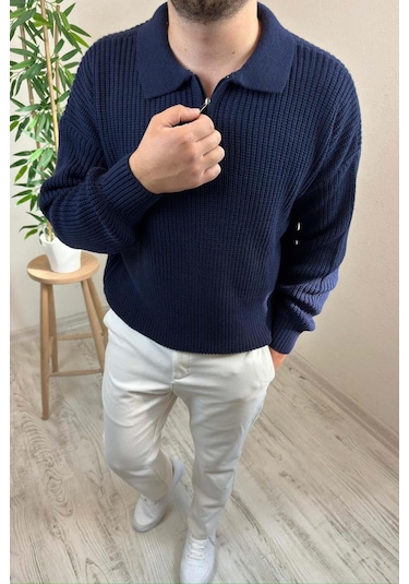 Erkek Lacivert Fermuarlı Polo Yaka Oversize Triko Kazak Lacivert