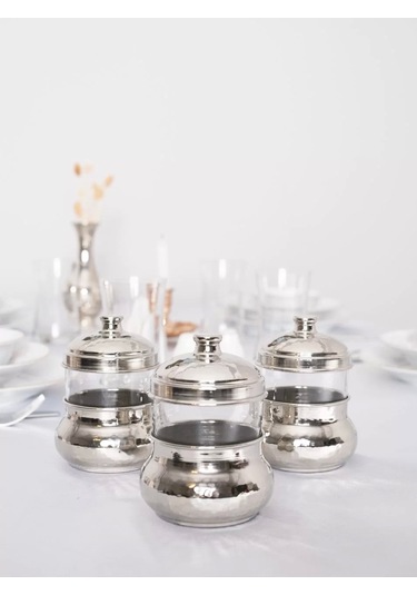 Bakır Baharatlık Camlı Hazneli Mini Boy 3'lü Set Gümüş