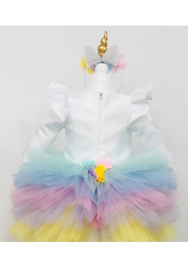 Unicorn Model Beyaz Kız Çocuk Bebek Abiye Elbise Kostüm