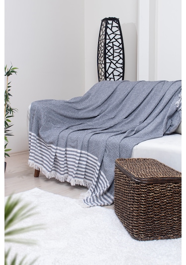 Pamuklu Püsküllü Elmas Desenli Koltuk Örtüsü 170x210 Cm Dekoratif Kanepe, Yatak Ve Tv Örtüsü Siyah