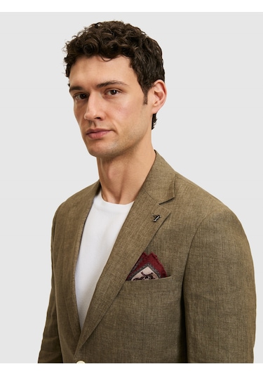 Cacharel Haki Slim Fit %100 Keten Mikro Desen Mono Yaka Ceket Yesıl