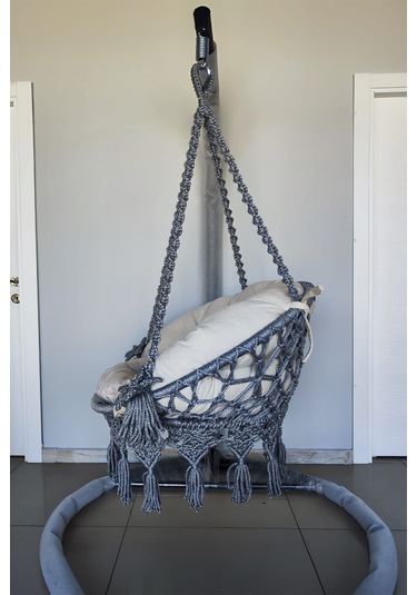 Tek Kişilik Makrome El Örgüsü Salıncak Minderli Ve Askı Demiri İle Açık Gri Mis38016grima Açık Gri