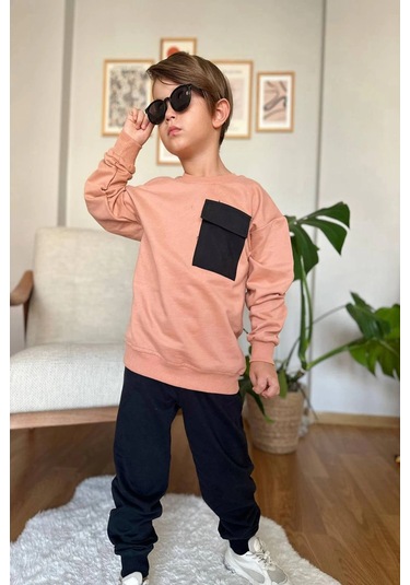 Cep Detaylı Erkek Çocuk Soft Turuncu Renk Eşofman Takım Turuncu