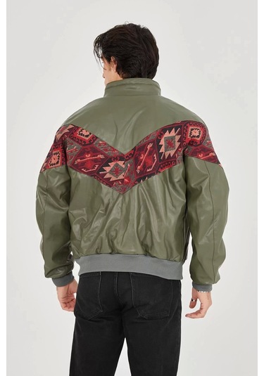 Erkek İçi Astarlı İçten Yaka Kısmı Peluşlu Suni Kumaş Vintage Ceket - Haki Haki